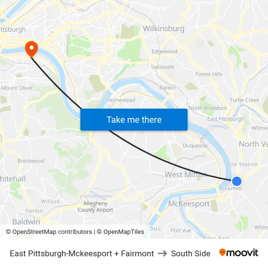 East Pittsburgh-Mckeesport + Fairmont to South Side map