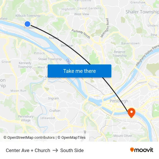 Center Ave + Church to South Side map