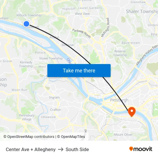 Center Ave + Allegheny to South Side map