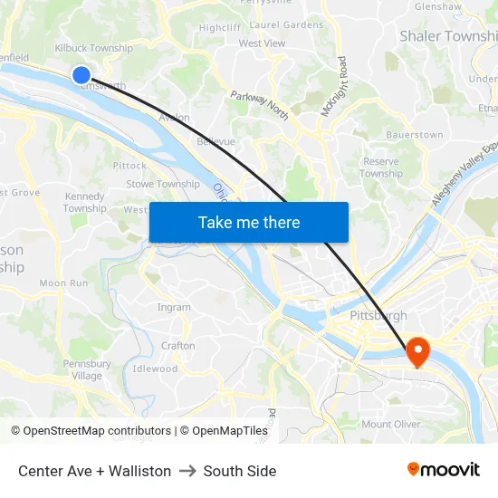 Center Ave + Walliston to South Side map