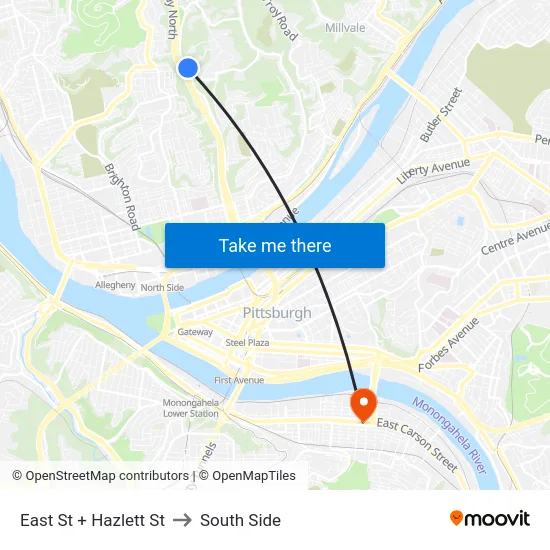 East St + Hazlett St to South Side map