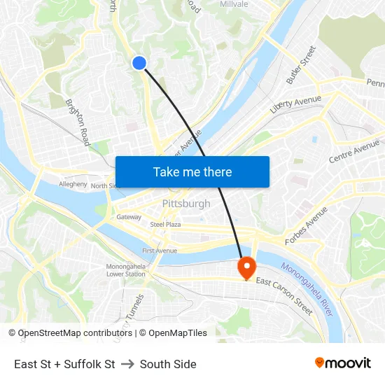 East St + Suffolk St to South Side map