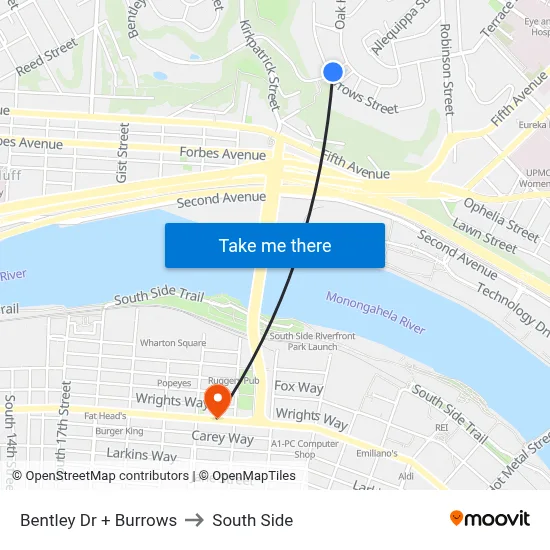 Bentley Dr + Burrows to South Side map