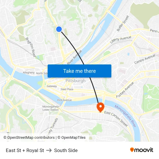 East St + Royal St to South Side map