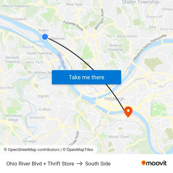Ohio River Blvd + Thrift Store to South Side map