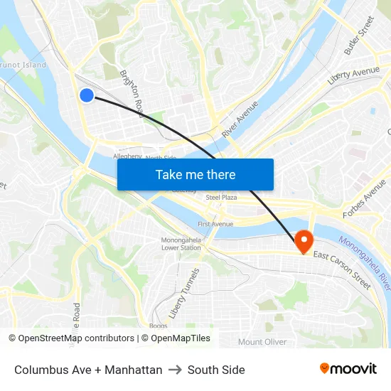 Columbus Ave + Manhattan to South Side map