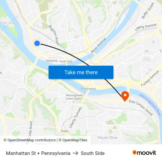 Manhattan St + Pennsylvania to South Side map