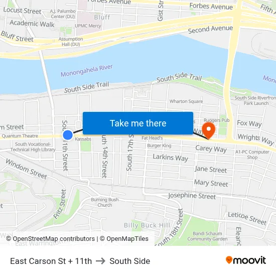 East Carson St + 11th to South Side map