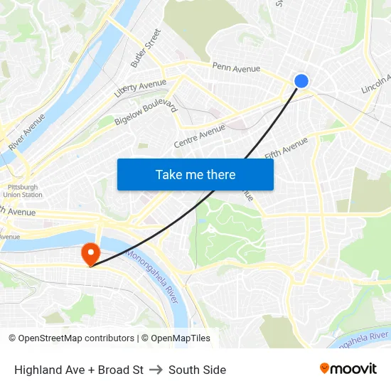 Highland Ave + Broad St to South Side map