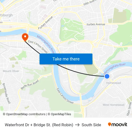 Waterfront Dr + Bridge St. (Red Robin) to South Side map