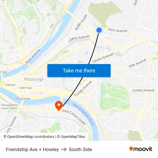 Friendship Ave + Howley to South Side map