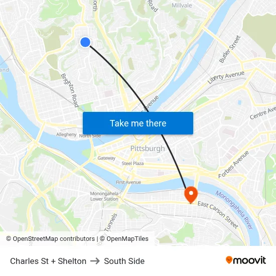 Charles St + Shelton to South Side map