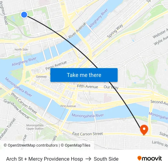 Arch St + Mercy Providence Hosp to South Side map