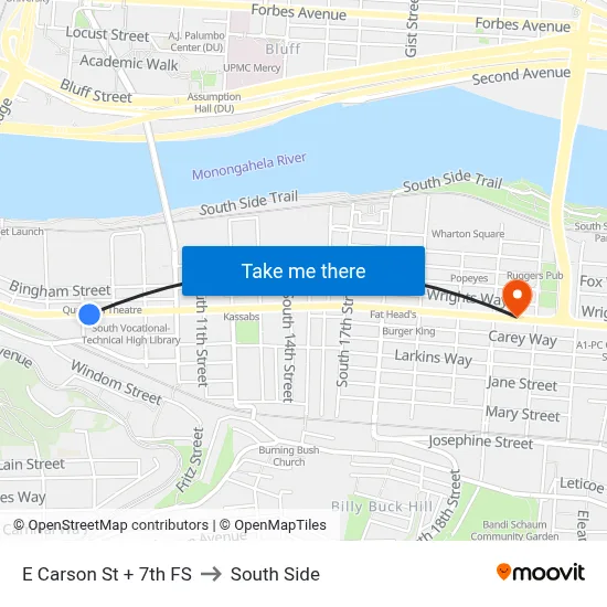 E Carson St + 7th FS to South Side map