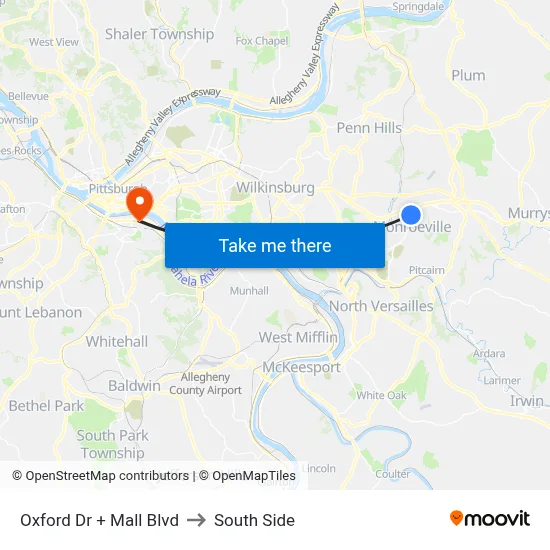 Oxford Dr + Mall Blvd to South Side map