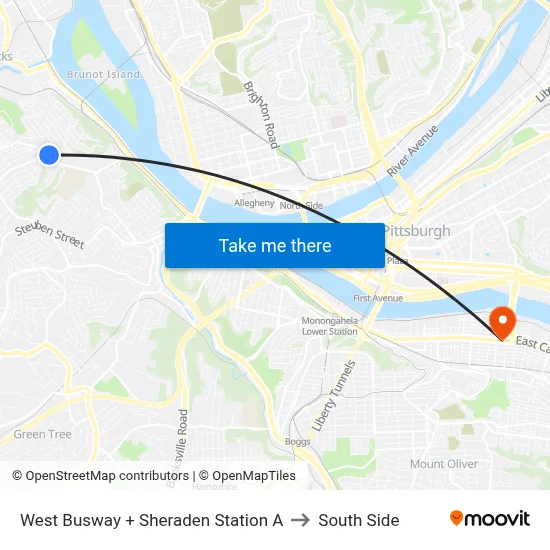 West Busway + Sheraden Station A to South Side map