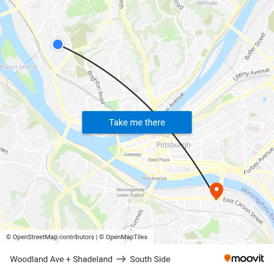 Woodland Ave + Shadeland to South Side map