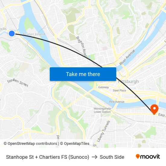 Stanhope St + Chartiers FS (Sunoco) to South Side map