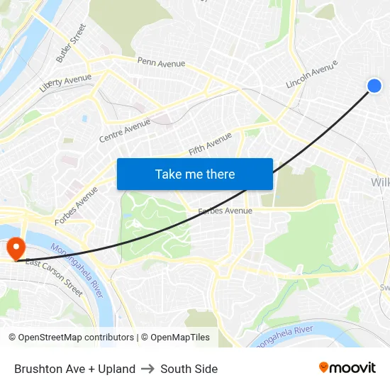 Brushton Ave + Upland to South Side map