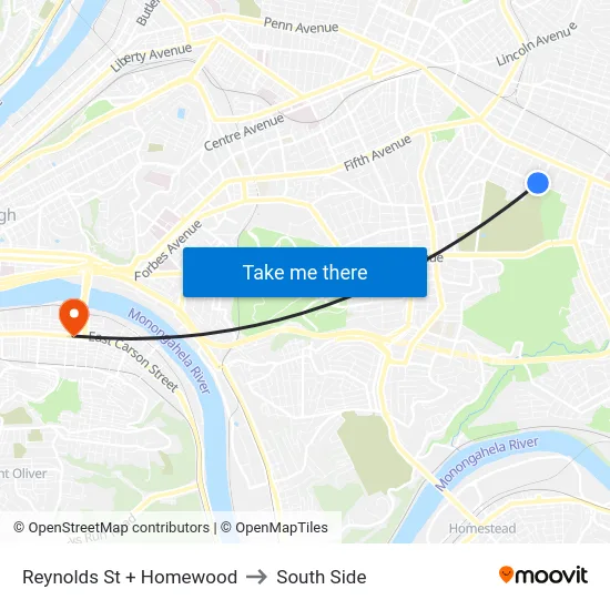 Reynolds St + Homewood to South Side map