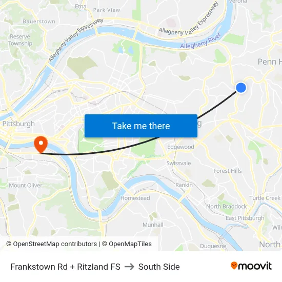 Frankstown Rd + Ritzland FS to South Side map