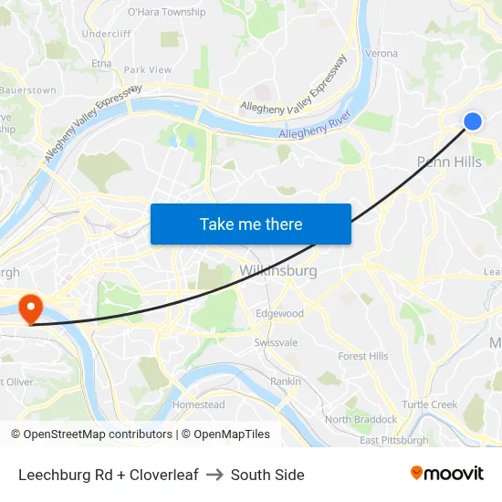 Leechburg Rd + Cloverleaf to South Side map
