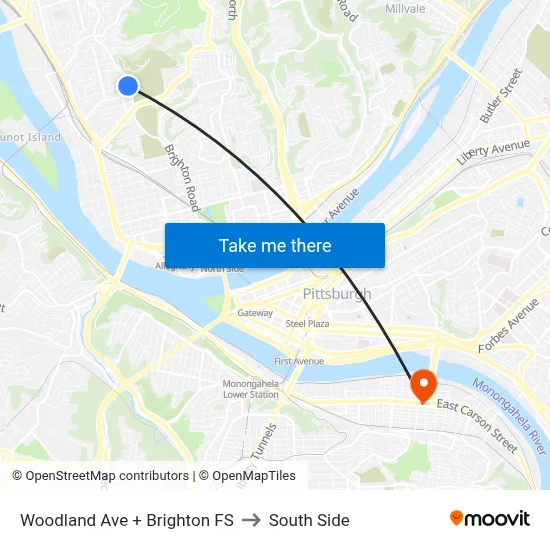 Woodland Ave + Brighton FS to South Side map