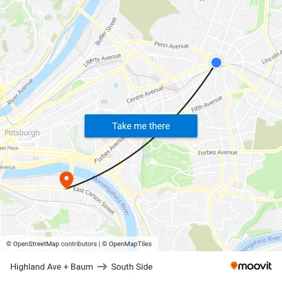 Highland Ave + Baum to South Side map