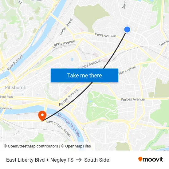 East Liberty Blvd + Negley FS to South Side map