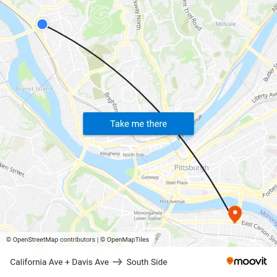 California Ave + Davis Ave to South Side map