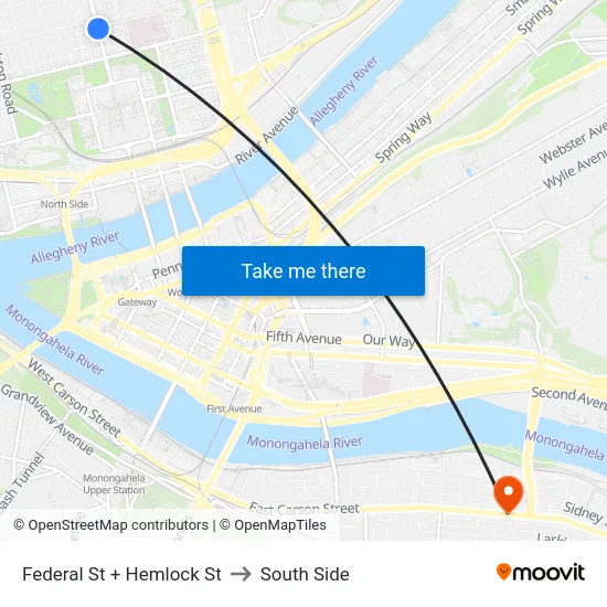 Federal St + Hemlock St to South Side map