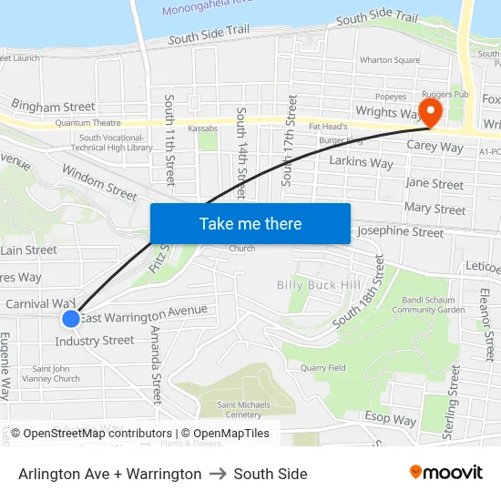 Arlington Ave + Warrington to South Side map