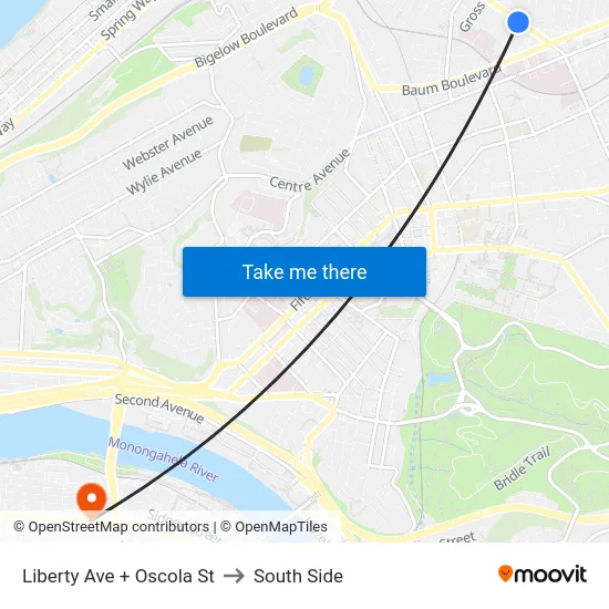 Liberty Ave + Oscola St to South Side map