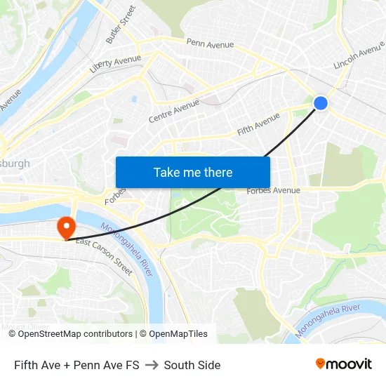 Fifth Ave + Penn Ave FS to South Side map