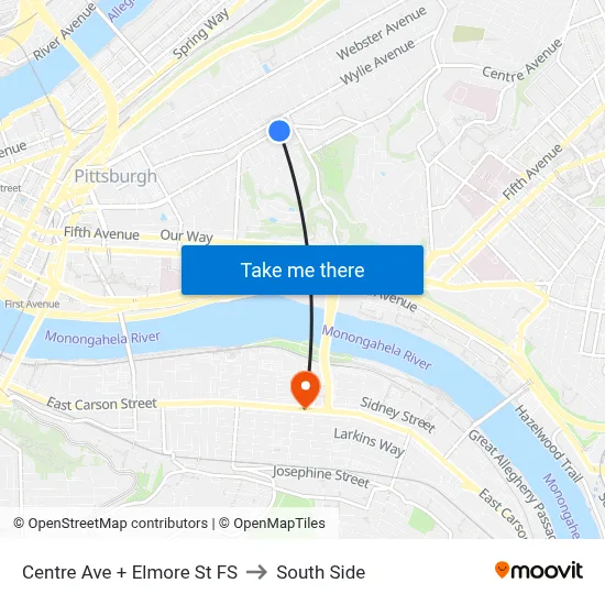Centre Ave + Elmore St FS to South Side map