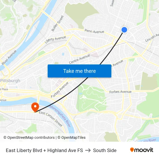 East Liberty Blvd + Highland Ave FS to South Side map
