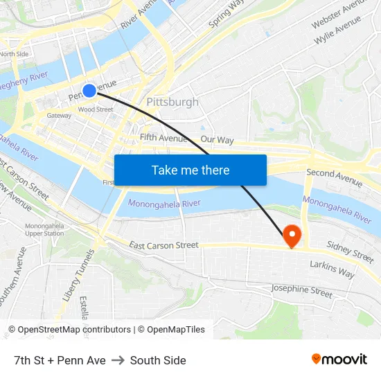 7th St + Penn Ave to South Side map