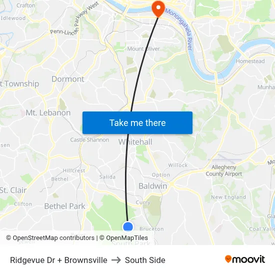 Ridgevue Dr + Brownsville to South Side map