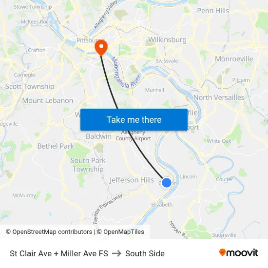 St Clair Ave + Miller Ave FS to South Side map