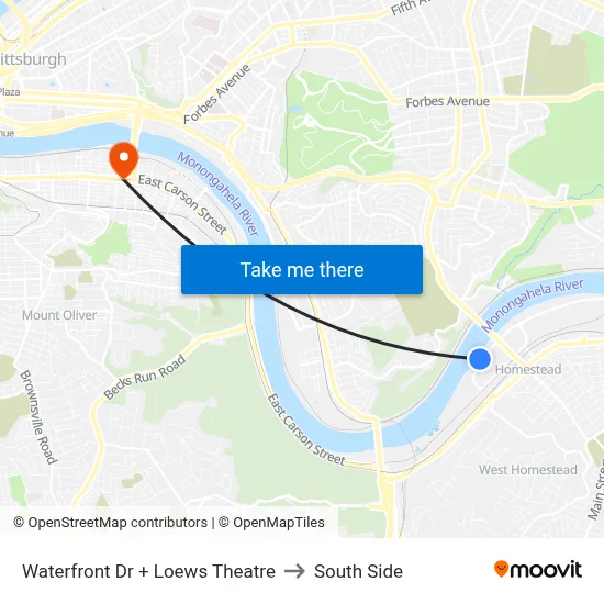 Waterfront Dr + Loews Theatre to South Side map