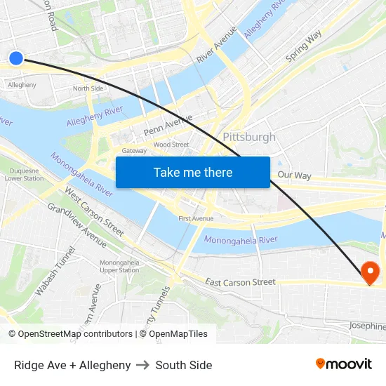 Ridge Ave + Allegheny to South Side map