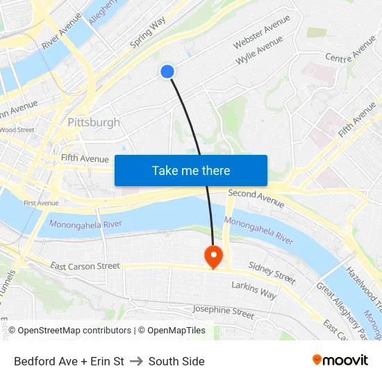 Bedford Ave + Erin St to South Side map