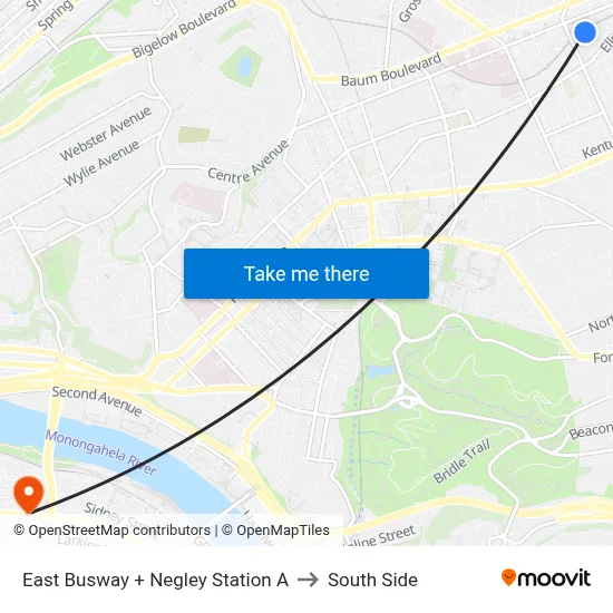 East Busway + Negley Station A to South Side map