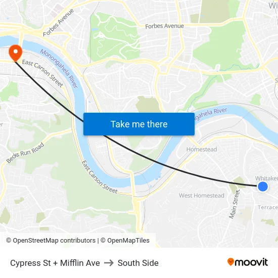 Cypress St + Mifflin Ave to South Side map