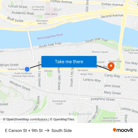 E Carson St + 9th St to South Side map