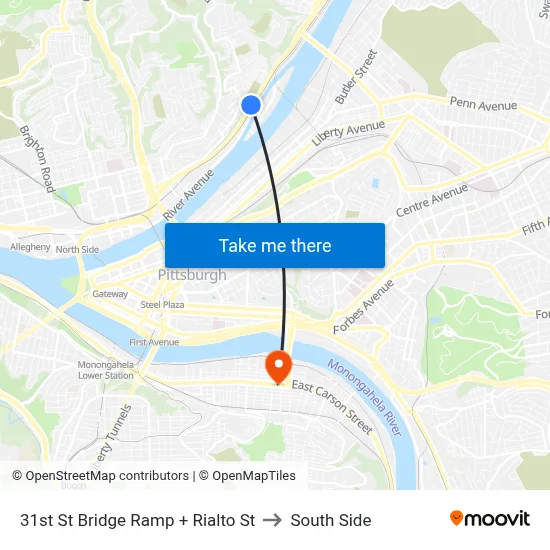 31st St Bridge Ramp + Rialto St to South Side map