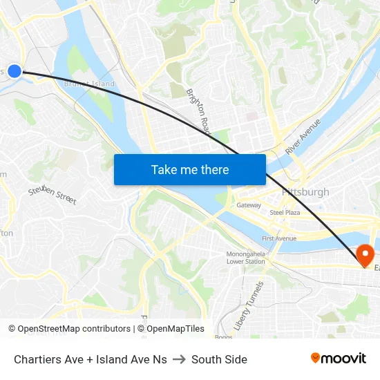 Chartiers Ave + Island Ave Ns to South Side map