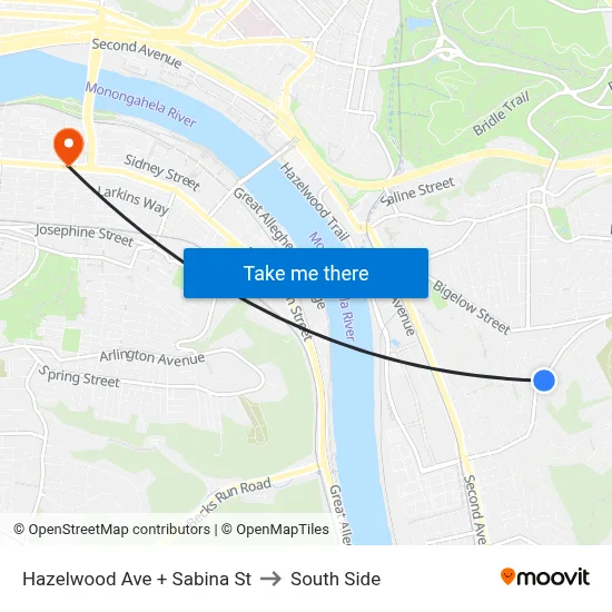 Hazelwood Ave + Sabina St to South Side map