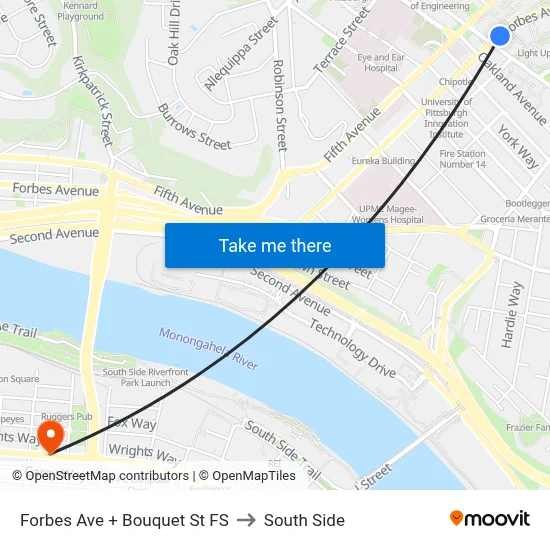 Forbes Ave + Bouquet St FS to South Side map