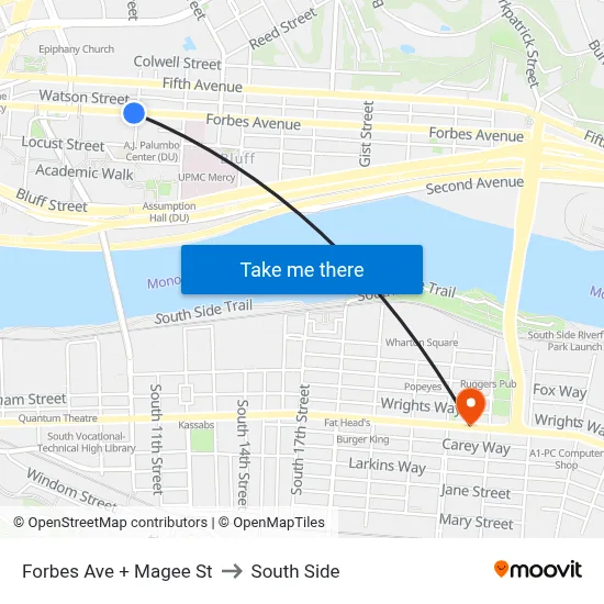 Forbes Ave + Magee St to South Side map